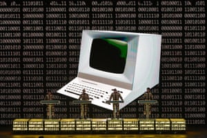 four people on stage in front of an image of an old computer