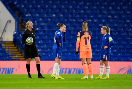 The referee stops play after a technical issue delayed the Women’s Champions League tie for nine minutes in the first half.