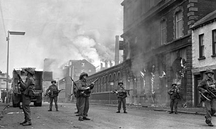 British soldiers in the Falls Road, Belfast in 1969 ... Deegan’s thriller is partly based on his experiences in Northern Ireland. Photograph: Popperfoto/Getty Images)