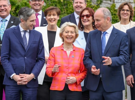 European Commission President Ursula von der Leyen front row centre, flanked by Ireland’s finance minister Simon Harris and taoiseach Micheál Martin in Cork, Ireland on July 3, 2026, as Ireland takes on the rotating EU presidency