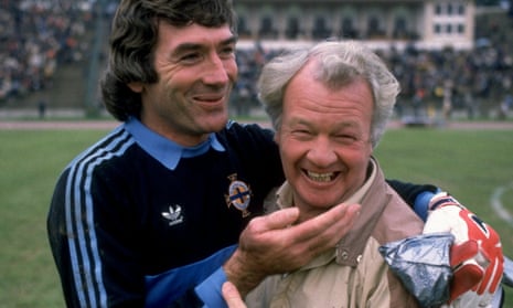 Billy Bingham with his goalkeeper Pat Jennings before a Northern Ireland World Cup qualifier against Romania in October 1985.
