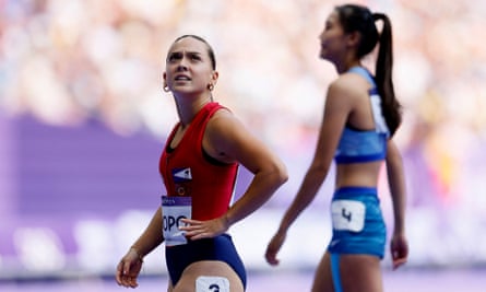 Filomenaleonisa Iakopo of American Samoa reacts after competing in the 100m’s in Paris.