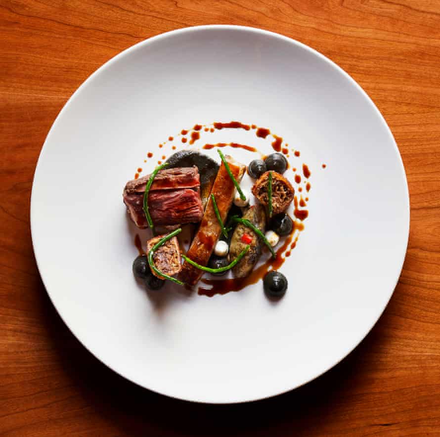 Roast lamb rump, crisp belly and aubergine puree.