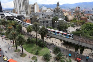 Train line over Botero Plaza in Medellin