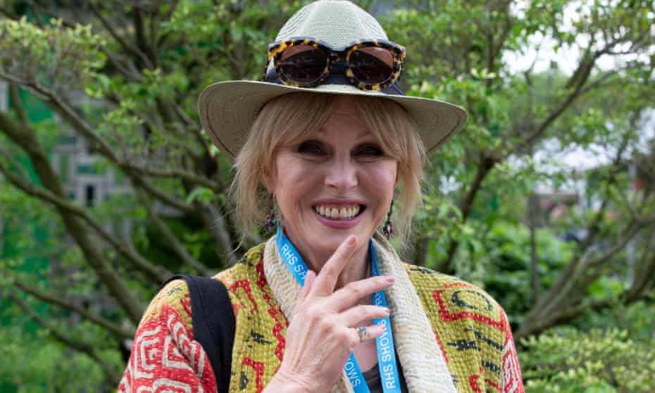 Joanna Lumley at the Chelsea flower show, wearing her sunglasses on her hat