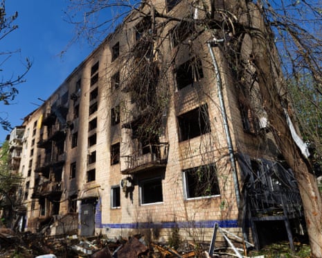 The aftermath of a massive Russian missile and drone attack on a five-storey residential building is seen in Kyiv, Ukraine.