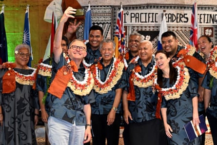 Anthony Albanese takes a selfie with fellow leaders during the Pacific Islands Forum (PIF) in Suva.