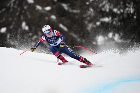 Breezy Johnson completes a downhill skiing training run.