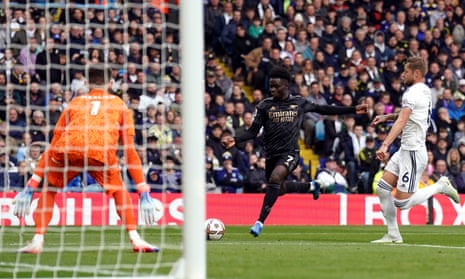 Bukayo Saka opens the scoring at Elland Road.