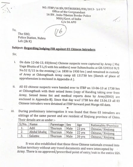 A typewritten document from the ‘office f the commandant, 16 BN Indo-Tibetan Border police’ to police in Nubra, an area north of Ladakh, between the Karakoram and Ladakh ranges of the Himalayas.