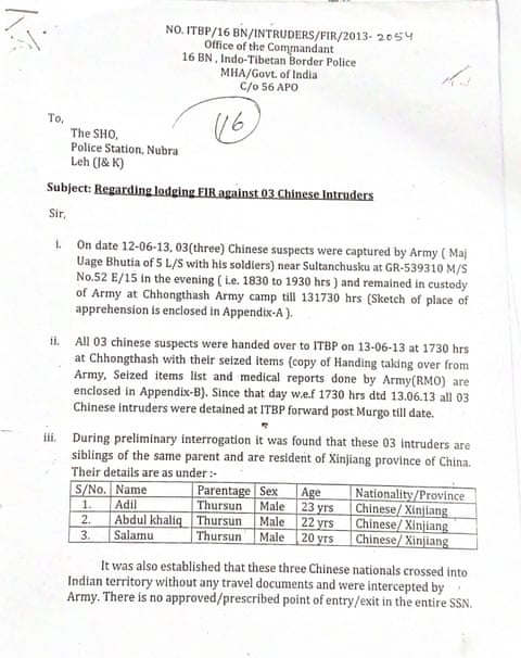 A typewritten document from the ‘office f the commandant, 16 BN Indo-Tibetan Border police’ to police in Nubra, an area north of Ladakh, between the Karakoram and Ladakh ranges of the Himalayas.