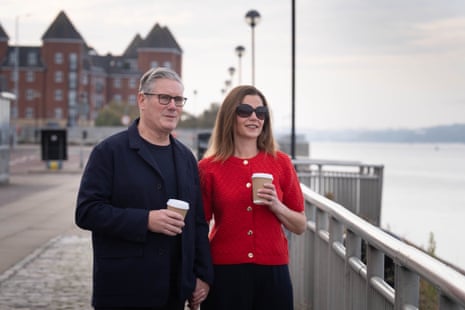 Keir Starmer and his wife, Victoria Starmer, taking a walk along the River Mersey near the Labour conference centre today.