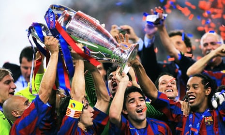Barcelona players celebrate after beating Arsenal in the Champions League final in 2006.