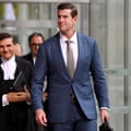 Ben Roberts-Smith along with barrister Arthur Moses (left) leaves the Federal Court of Australia
