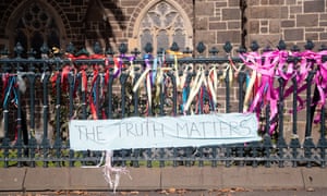 A banner with ribbons at St Patrick's Cathedral in Ballarat, Australia reads "the truth matters"