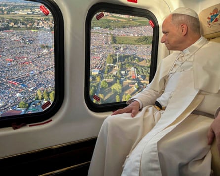 Pope Leo XIV on a helicopter
