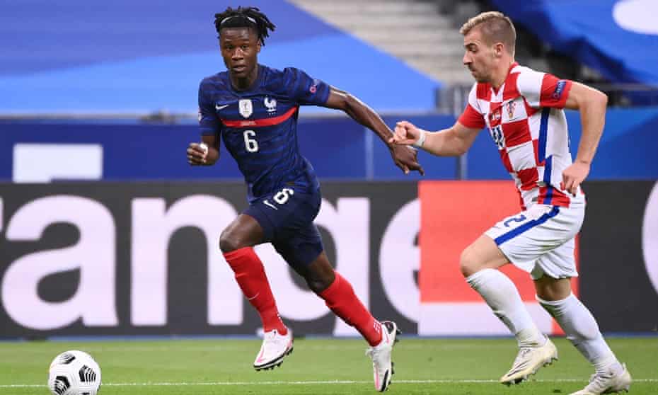 Eduardo Camavinga (left) in action for France against Croatia last September, when he became the country’s youngest debutant since 1914.