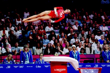 Wales’ Emily Roper soars through the air during the vault section in the women's artistic gymnastics team final.
