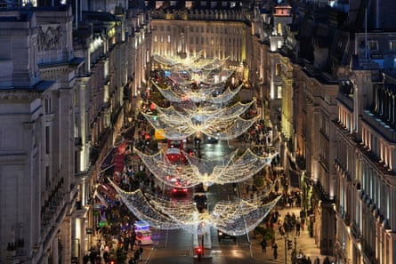 The Christmas lights on Regent Street in London shown from above.