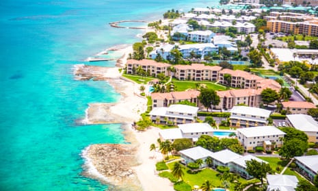 An aerial view of the coast of Grand Cayman, Cayman Islands.