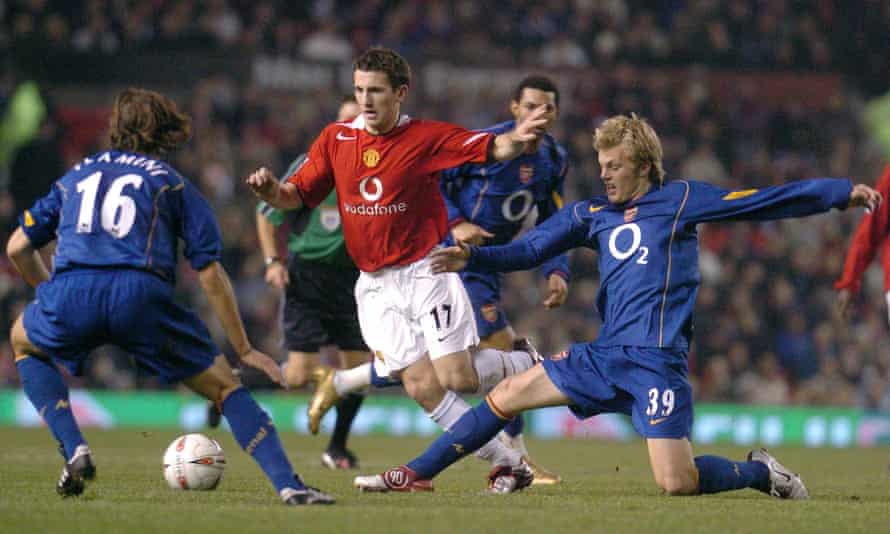Sebastian Larsson keeps on running – for himself and his teammates | Euro 2020 1 Sebastian Larsson (right) battles for the ball with Manchester United’s Liam Miller with Mathieu Flamini looking on during a League Cup quarter-final in 2004.