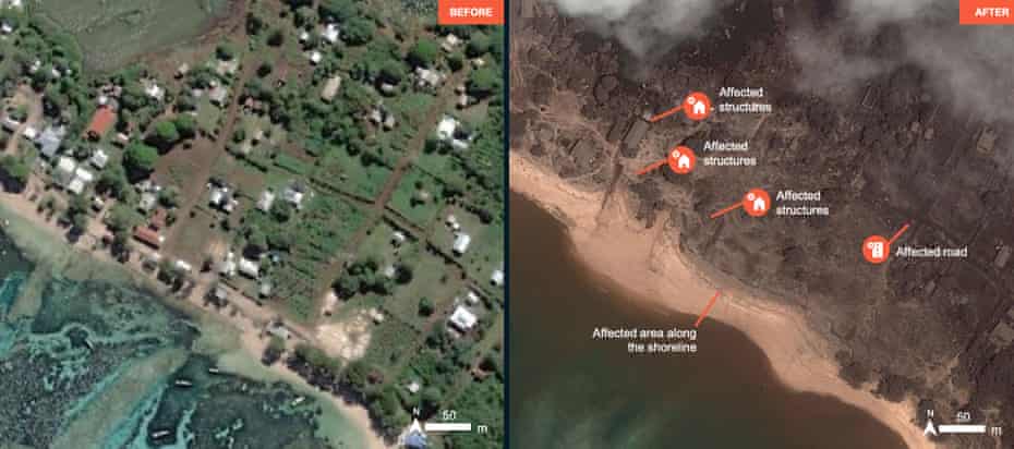 Before and after Satellite imagery shows affected areas of Tonga.