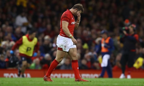 Leigh Halfpenny of Wales shows a look of dejection after missing a straight forward penalty in front of the posts.