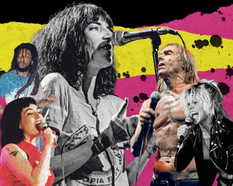 Graphic showing various punk stars in cut outs with ink splattered background.