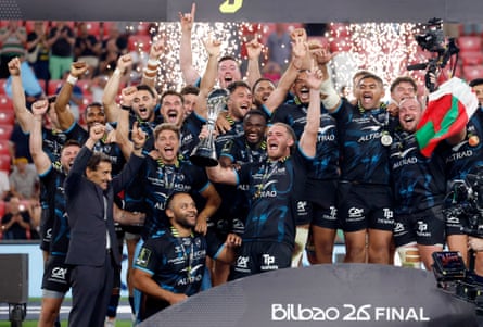 Montpellier's Lenni Nouchi lifts the Challenge Cup.