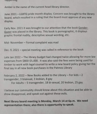 letter shows alleged timeline of events at library, including acquisition of “gay” and “transgender” books