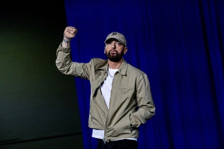 Eminem during a campaign event for Democratic presidential nominee Kamala Harris in Detroit last October.