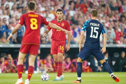Rodri of Spain looks at his options during the Nations League final against Croatia in June 2023.