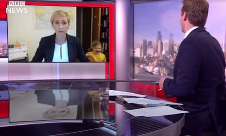 Screengrab of a video produced by New Zealand comedy duo Jono and Ben showing a woman in the shoes of professor Robert Kelly, whose interview with the BBC was famously interrupted by his children.