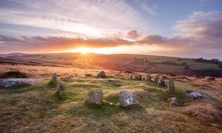 Sunset over the Nine Maidens stone circle, Dartmoor National Park Devon, UK.