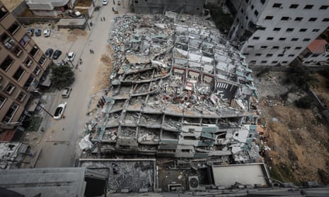 Al-Jalaa Tower in Gaza City which housed Al Jazeera and Associated Press was levelled by an Israeli missile.