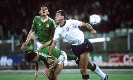 The Republic of Ireland’s Tony Cascarino and John Aldridge, born in Kent and Liverpool respectively, in World Cup ‘90 action.