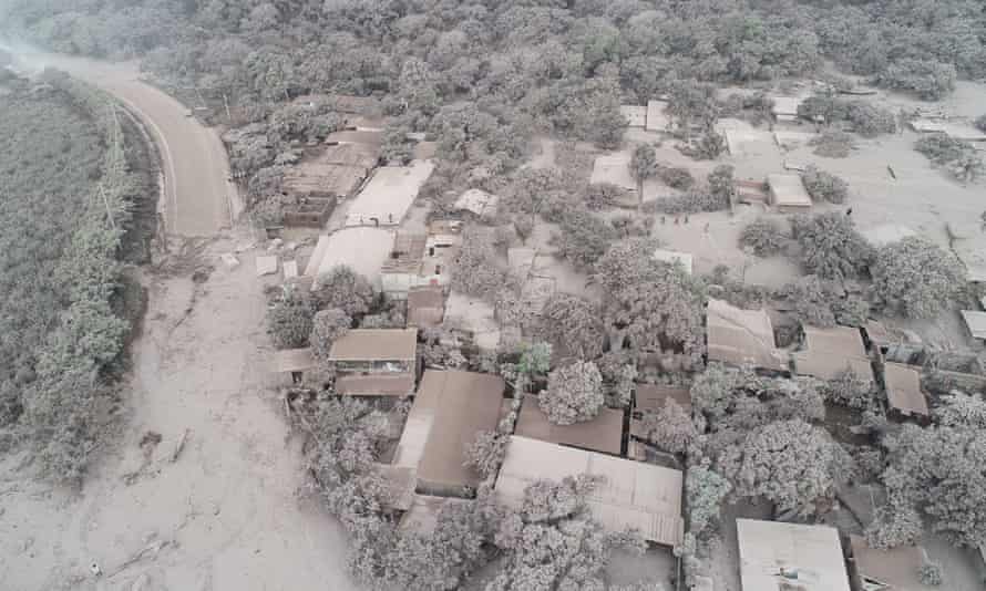 Image of an ash-covered town in the aftermath of the eruption of the Fuego volcano