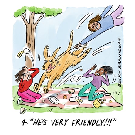 Cartoon of a dog bounding into a picnic knocking everything everywhere. Caption: “He’s very friendly!”