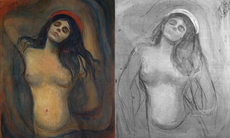 Edvard Munch’s Madonna painting and the sketch revealed in an infrared photograph.