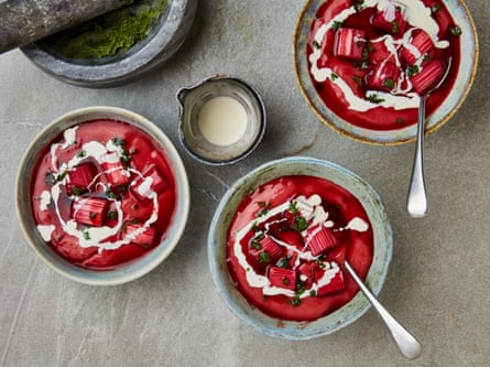 Yotam Ottolenghi’s chilled rhubarb and hibiscus soup with vanilla cream and mint sugar.