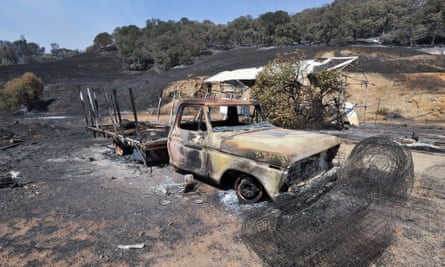A burned out truck at an evacuated property near Clearlake, California on Sunday.