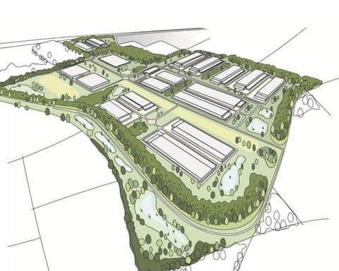 An aerial illustration shows industrial buildings arranged in rows across a green site with landscaping and access roads. qhiukiuiqkdprw