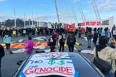 Demonstrators shut down the San Francisco Oakland Bay Bridge in protests for a ceasefire in Gaza and an end to US military aid to Israel on Thursday, Nov. 16, 2023, in San Francisco.