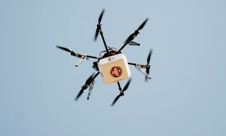 A drone delivers supplies and medicine to thousands of people seeking dental and medical care at a clinic in the Wise county fairgrounds in Wise, Virginia. The flight was undertaken in part to study how the technology could be used in humanitarian crises around the world.