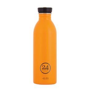orange water bottle with black lid