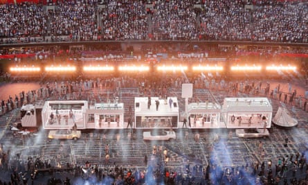 High octane … Devlin’s Superbowl stage design for Dr Dre, Snoop Dogg and Eminem.