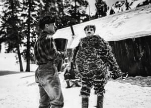 Chaplin dressed as a giant chicken in a cut scene from The Gold Rush. There were 27 times more film shot than appeared in the final cut.
