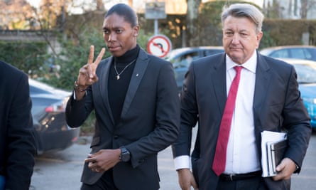 Caster Semenya arrives with her lawyer, Gregory Nott, at the first day of her Cas hearing in Lausanne.