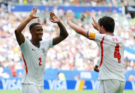 England's Ezri Konsa celebrates scoring their second goal with Declan Rice.