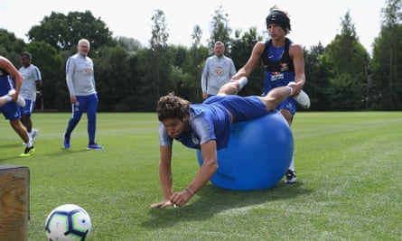 David Luiz and Marcos Alonso during a Chelsea pre-season training session at their Cobham base earlier this month